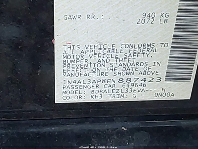 46391629 :رقم المزاد ، 1N4AL3AP8FN887423 vin ، 2015 Nissan Altima 2.5 S مزاد بيع