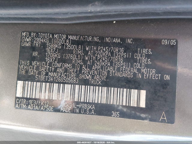 2006 Toyota Tundra Sr5 V8 მანქანა იყიდება აუქციონზე, vin: 5TBET34126S505683, აუქციონის ნომერი: 46391637