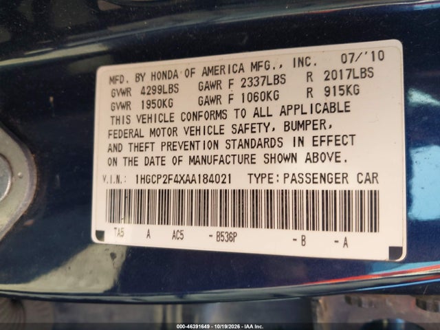 Aukcja sprzedaży 2010 Honda Accord 2.4 Lx-p, vin: 1HGCP2F4XAA184021, numer aukcji: 46391649