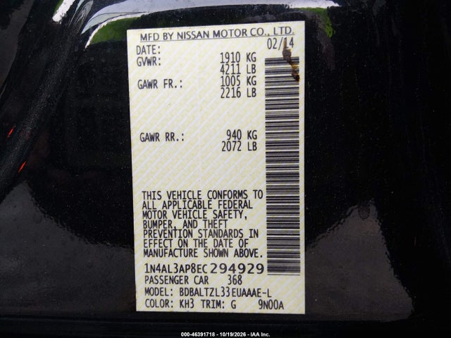 Aukcja sprzedaży 2014 Nissan Altima 2.5 Sv, vin: 1N4AL3AP8EC294929, numer aukcji: 46391718