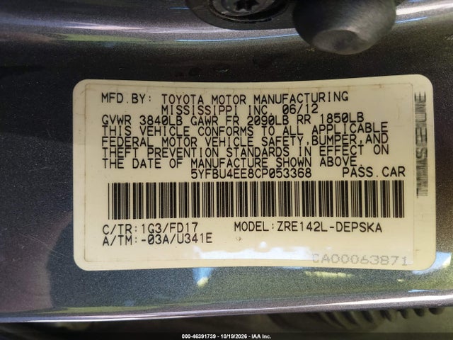 Продаж на аукціоні авто 2012 Toyota Corolla S, vin: 5YFBU4EE8CP053368, номер лоту: 46391739