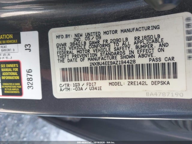 Aukcja sprzedaży 2010 Toyota Corolla S, vin: 1NXBU4EE9AZ194428, numer aukcji: 46391747