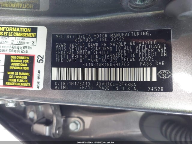 Продаж на аукціоні авто 2022 Toyota Camry Se Hybrid, vin: 4T1G31AK4NU594762, номер лоту: 46391796