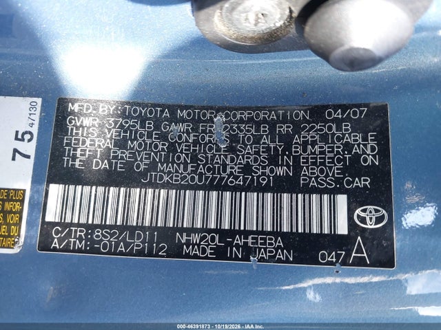 46391873 :رقم المزاد ، JTDKB20U777647191 vin ، 2007 Toyota Prius مزاد بيع
