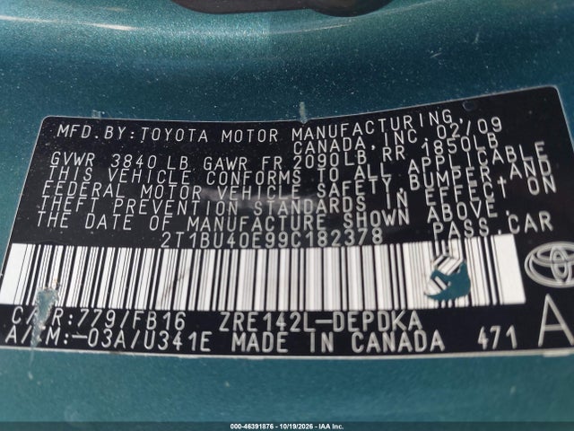 Продаж на аукціоні авто 2009 Toyota Corolla Le, vin: 2T1BU40E99C182378, номер лоту: 46391876