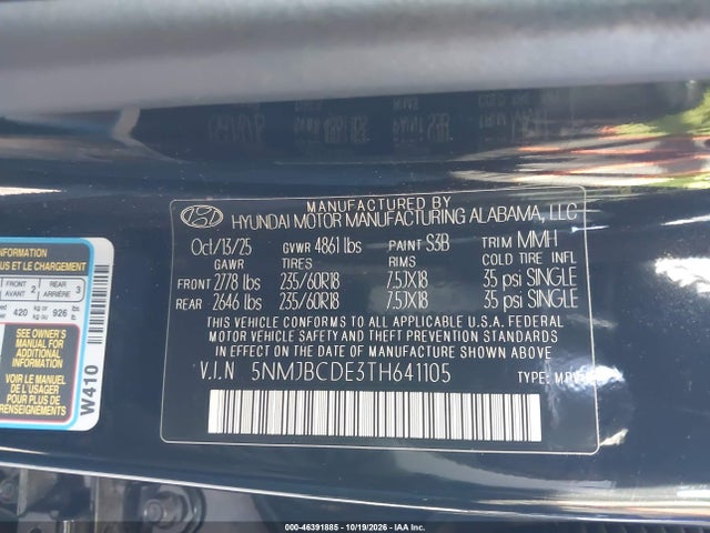 Продаж на аукціоні авто 2026 Hyundai Tucson Sel, vin: 5NMJBCDE3TH641105, номер лоту: 46391885