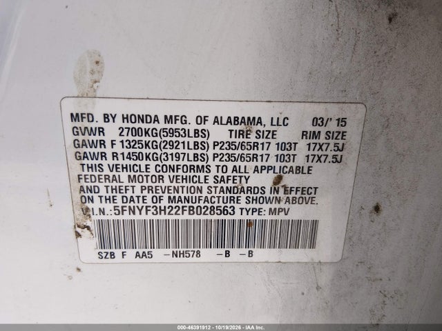 Aukcja sprzedaży 2015 Honda Pilot Lx, vin: 5FNYF3H22FB028563, numer aukcji: 46391912
