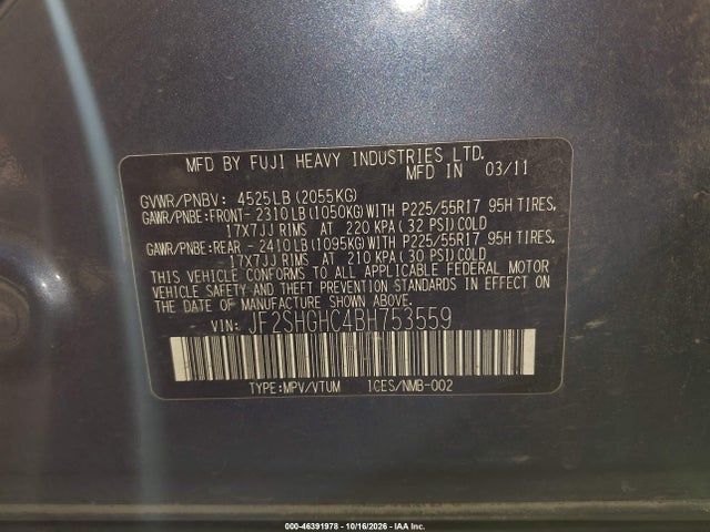 46391978 :رقم المزاد ، JF2SHGHC4BH753559 vin ، 2011 Subaru Forester 2.5xt Touring مزاد بيع