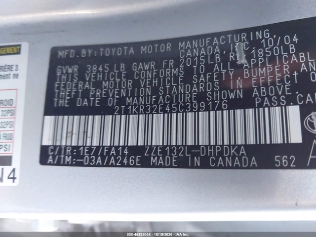Aukcja sprzedaży 2005 Toyota Matrix, vin: 2T1KR32E45C399176, numer aukcji: 46392048