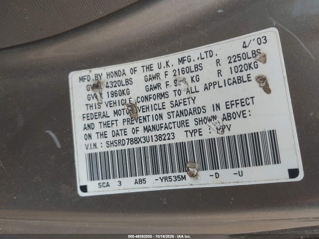 Продаж на аукціоні авто 2003 Honda Cr-v Ex, vin: SHSRD788X3U138223, номер лоту: 46392050