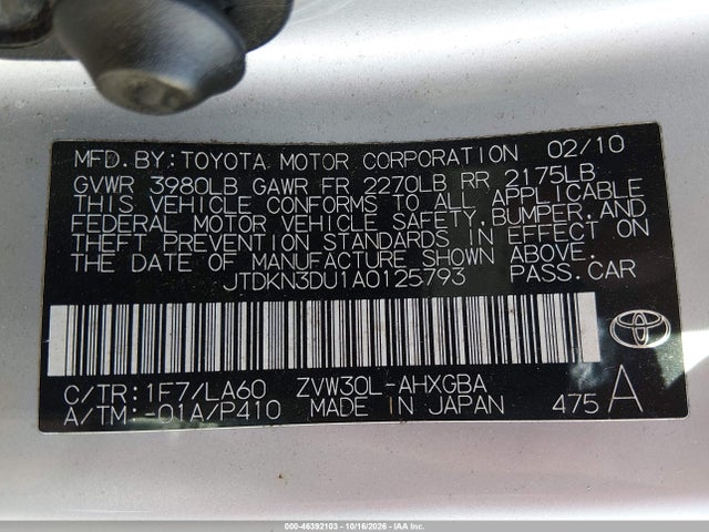 46392103 :رقم المزاد ، JTDKN3DU1A0125793 vin ، 2010 Toyota Prius V مزاد بيع
