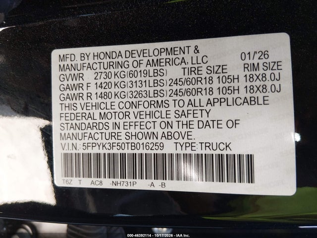 5FPYK3F50TB016259 Honda Ridgeline Rtl