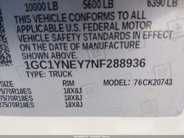 46392118 :رقم المزاد ، 1GC1YNEY7NF288936 vin ، 2022 Chevrolet Silverado 2500hd 4wd  Standard Bed Lt مزاد بيع