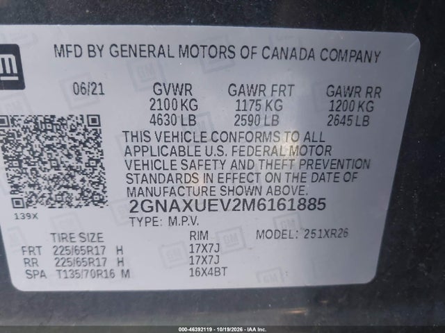 Aukcja sprzedaży 2021 Chevrolet Equinox Awd Lt, vin: 2GNAXUEV2M6161885, numer aukcji: 46392119