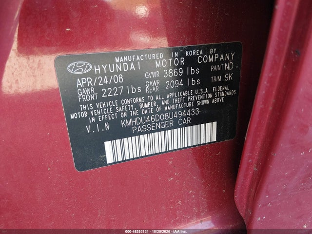 Продаж на аукціоні авто 2008 Hyundai Elantra Gls/se, vin: KMHDU46D08U494433, номер лоту: 46392121
