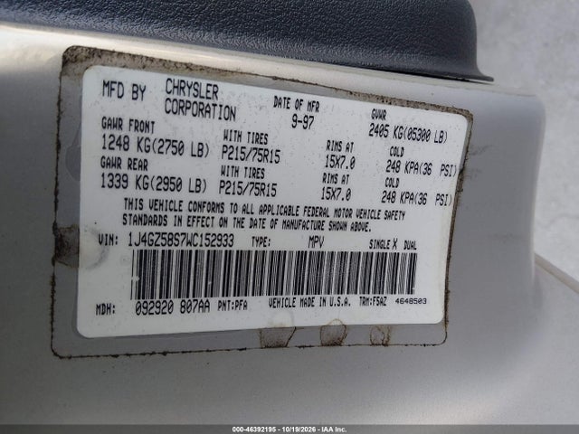 Продаж на аукціоні авто 1998 Jeep Grand Cherokee Laredo, vin: 1J4GZ58S7WC152933, номер лоту: 46392195