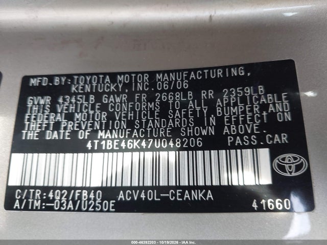 46392203 :رقم المزاد ، 4T1BE46K47U048206 vin ، 2007 Toyota Camry Le مزاد بيع