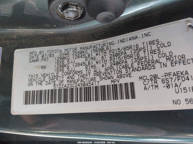 Продажа на аукционе авто 2004 Toyota Sienna Ce, vin: 5TDZA23C24S045417, номер лота: 46392205