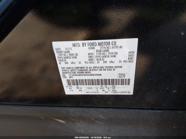Продаж на аукціоні авто 2016 Ford Explorer Xlt, vin: 1FM5K8DH0GGB83508, номер лоту: 46392259