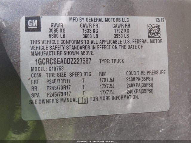 46392279 :رقم المزاد ، 1GCRCSEA0DZ227587 vin ، 2013 Chevrolet Silverado 1500 Lt مزاد بيع