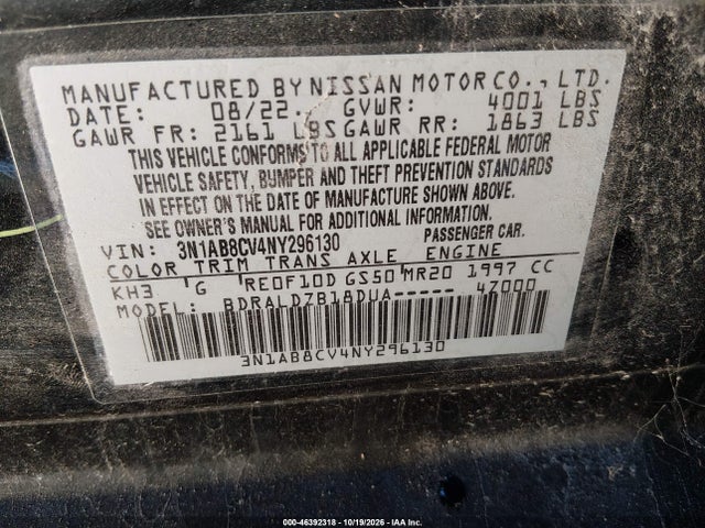 Aukcja sprzedaży 2022 Nissan Sentra Sv Xtronic Cvt, vin: 3N1AB8CV4NY296130, numer aukcji: 46392318