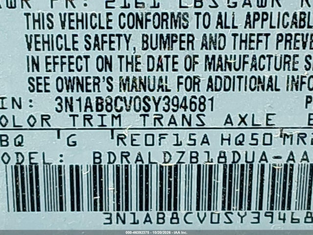 46392375 :رقم المزاد ، 3N1AB8CV0SY394681 vin ، 2025 Nissan Sentra Sv مزاد بيع