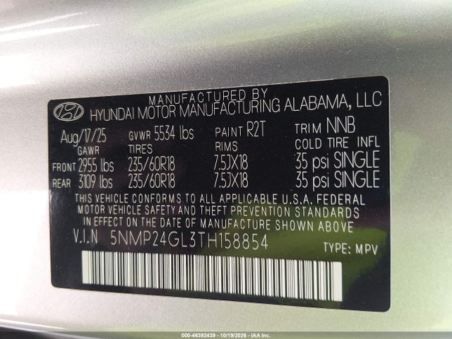 Продажа на аукционе авто 2026 Hyundai Santa Fe Sel, vin: 5NMP24GL3TH158854, номер лота: 46392439