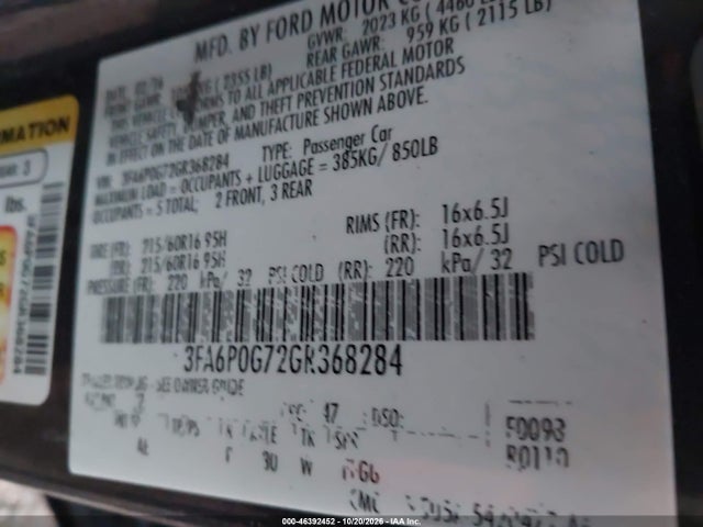 46392452 :رقم المزاد ، 3FA6P0G72GR368284 vin ، 2016 Ford Fusion S مزاد بيع