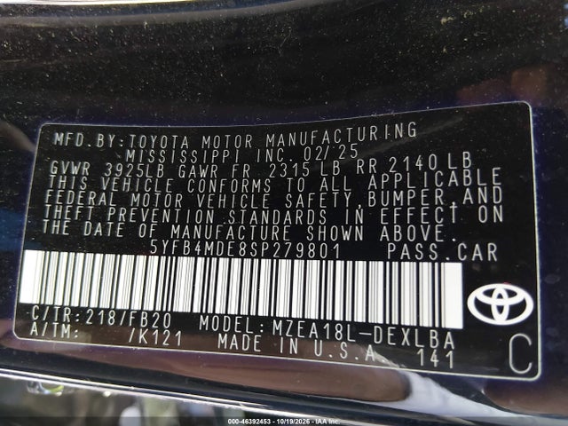Продажа на аукционе авто 2025 Toyota Corolla Le, vin: 5YFB4MDE8SP279801, номер лота: 46392453