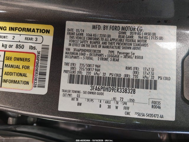 Продажа на аукционе авто 2014 Ford Fusion Se, vin: 3FA6P0HD9ER338328, номер лота: 46392464
