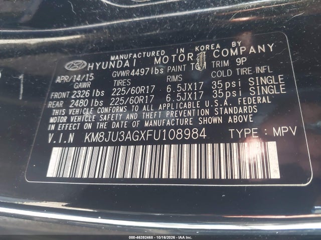 Продажа на аукционе авто 2015 Hyundai Tucson Se, vin: KM8JU3AGXFU108984, номер лота: 46392468