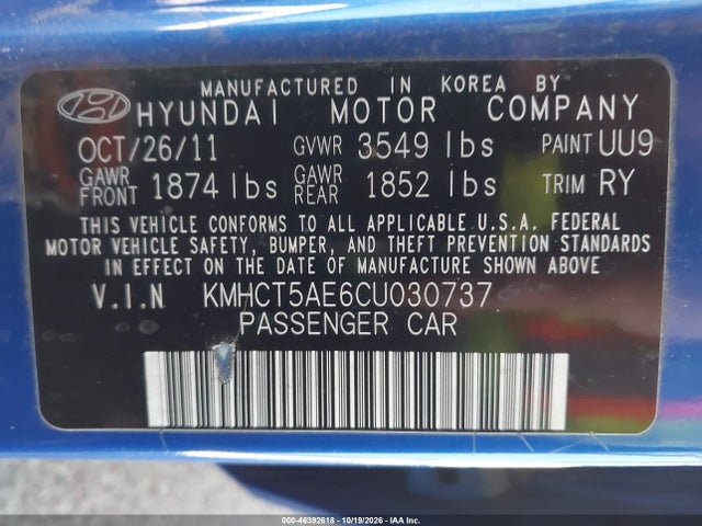 Aukcja sprzedaży 2012 Hyundai Accent Gs, vin: KMHCT5AE6CU030737, numer aukcji: 46392618