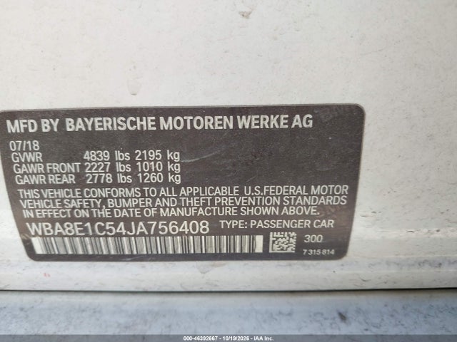 Aukcja sprzedaży 2018 Bmw 330e Iperformance, vin: WBA8E1C54JA756408, numer aukcji: 46392667