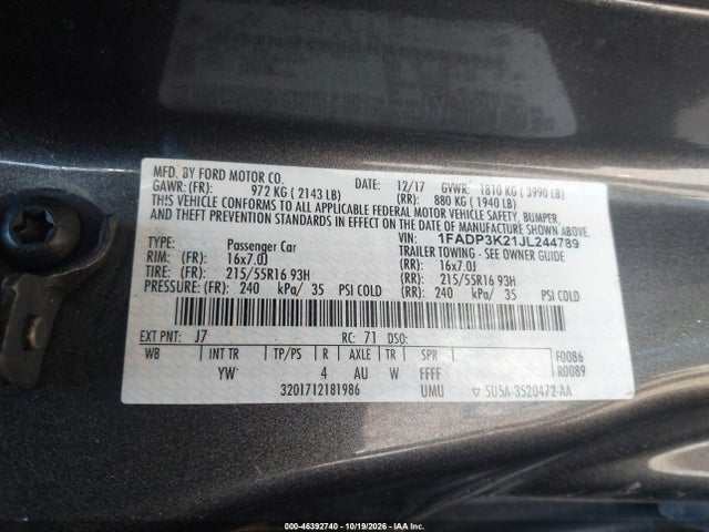 Aukcja sprzedaży 2018 Ford Focus Se, vin: 1FADP3K21JL244789, numer aukcji: 46392740