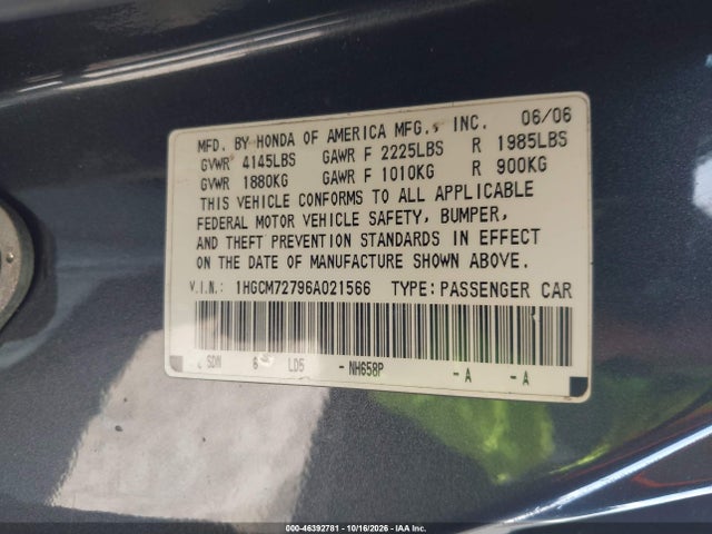 Aukcja sprzedaży 2006 Honda Accord 2.4 Ex, vin: 1HGCM72796A021566, numer aukcji: 46392781