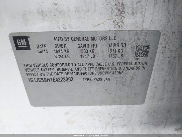 46392817 :رقم المزاد ، 1G1JC5SH1E4223393 vin ، 2014 Chevrolet Sonic Lt Auto مزاد بيع
