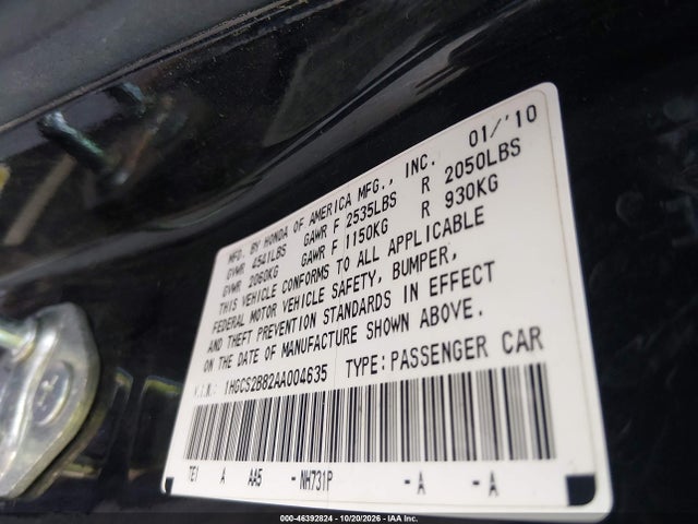 2010 Honda Accord 3.5 Ex-l მანქანა იყიდება აუქციონზე, vin: 1HGCS2B82AA004635, აუქციონის ნომერი: 46392824