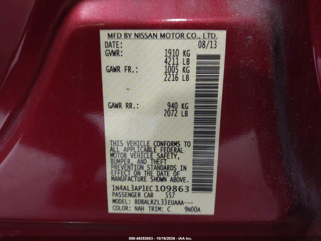 Aukcja sprzedaży 2014 Nissan Altima 2.5 S, vin: 1N4AL3AP1EC109863, numer aukcji: 46392883