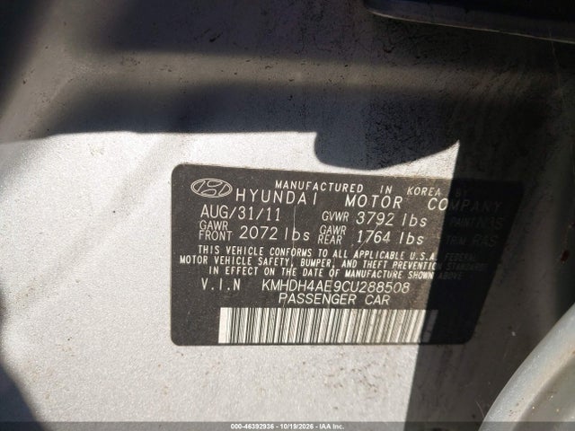 Aukcja sprzedaży 2012 Hyundai Elantra Gls (ulsan Plant), vin: KMHDH4AE9CU288508, numer aukcji: 46392936