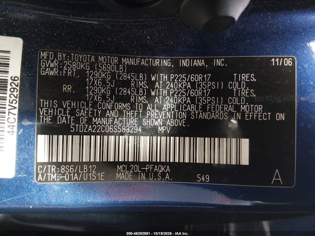 Продажа на аукционе авто 2006 Toyota Sienna Xle, vin: 5TDZA22C06S583294, номер лота: 46392991