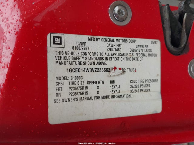 Aukcja sprzedaży 1997 Chevrolet C1500 Fleetside W/t, vin: 1GCEC14W8VZ233662, numer aukcji: 46393014