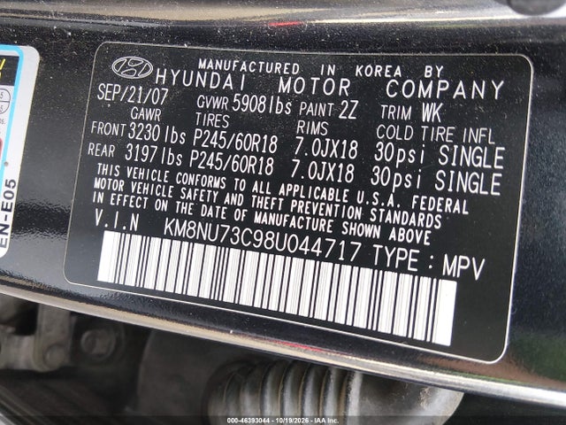 46393044 :رقم المزاد ، KM8NU73C98U044717 vin ، 2008 Hyundai Veracruz Gls/limited/se مزاد بيع