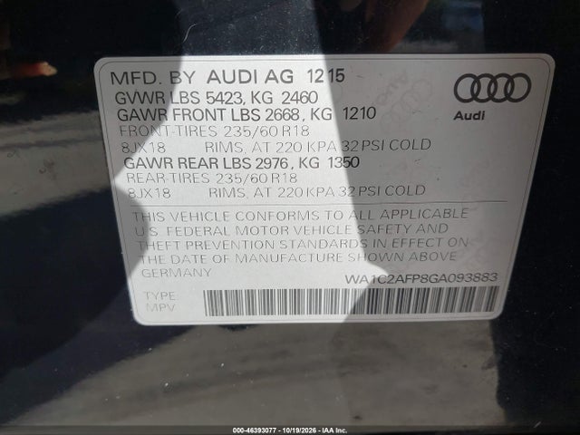 46393077 :رقم المزاد ، WA1C2AFP8GA093883 vin ، 2016 Audi Q5 2.0t Premium مزاد بيع