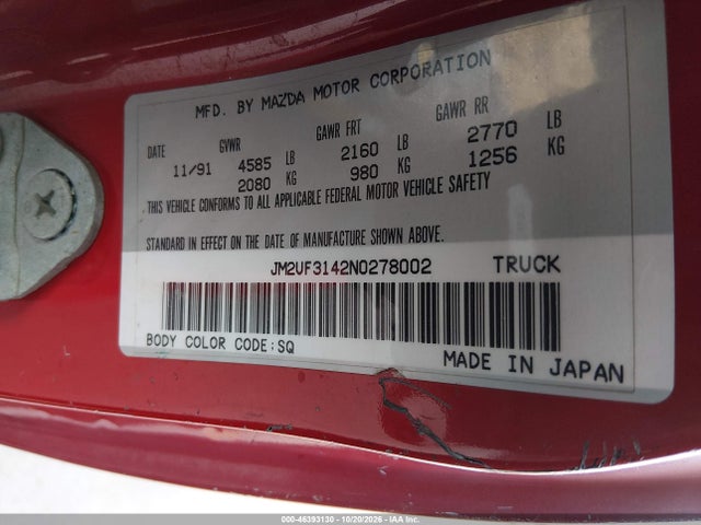 46393130 :رقم المزاد ، JM2UF3142N0278002 vin ، 1992 Mazda B2600 Cab Plus مزاد بيع