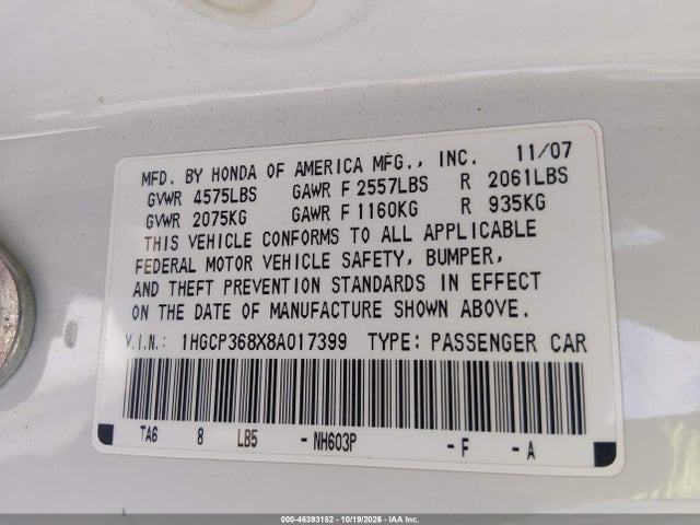 46393152 :رقم المزاد ، 1HGCP368X8A017399 vin ، 2008 Honda Accord 3.5 Ex-l مزاد بيع