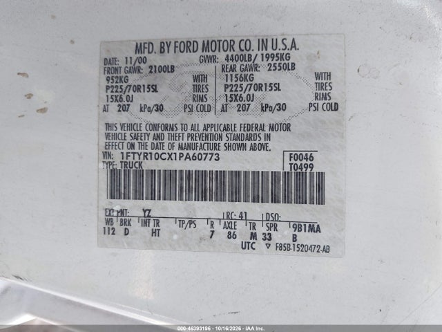 2001 Ford Ranger Xl/xlt მანქანა იყიდება აუქციონზე, vin: 1FTYR10CX1PA60773, აუქციონის ნომერი: 46393196