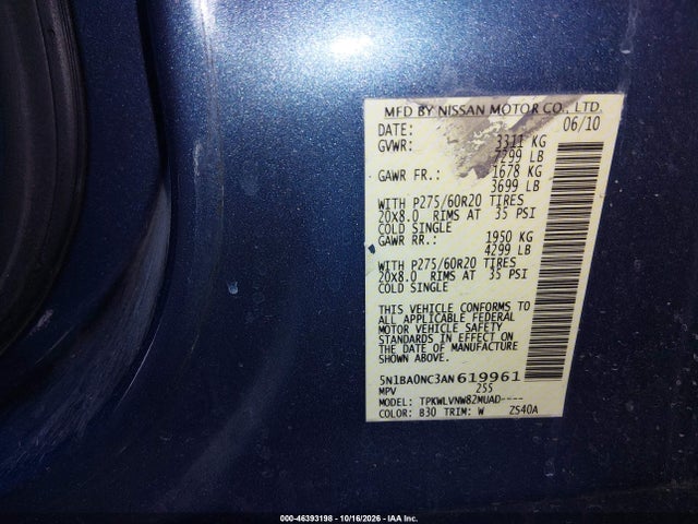 46393198 :رقم المزاد ، 5N1BA0NC3AN619961 vin ، 2010 Nissan Armada Titanium مزاد بيع