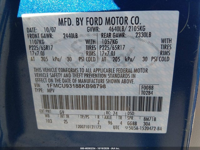 2008 Ford Escape Xlt მანქანა იყიდება აუქციონზე, vin: 1FMCU93188KB98798, აუქციონის ნომერი: 46393234