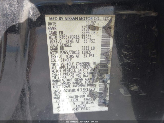 46393237 :رقم المزاد ، 1N6AD07U58C419163 vin ، 2008 Nissan Frontier Se مزاد بيع