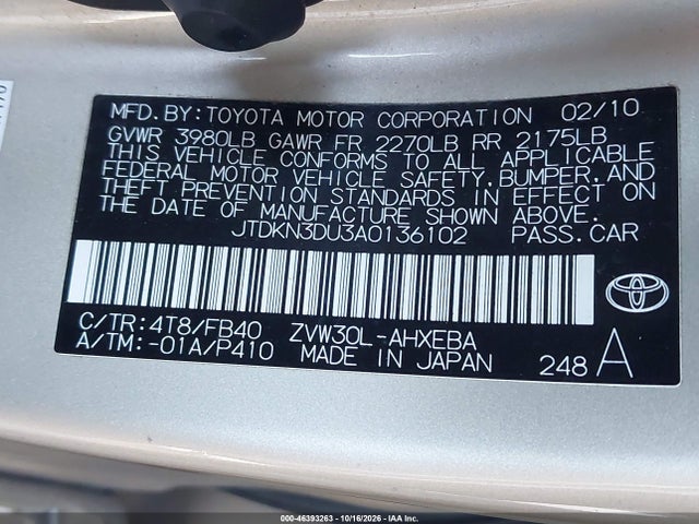 Aukcja sprzedaży 2010 Toyota Prius Iii, vin: JTDKN3DU3A0136102, numer aukcji: 46393263